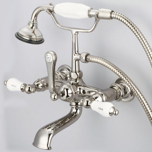 Water Creation Vintage Classic Spread Wall Mount Tub F6-0010 7" Ivory Solid Brass Faucet With Straight Wall Connector And Handheld Shower And Porcelain Lever Handles, Hot And Cold Labels Included