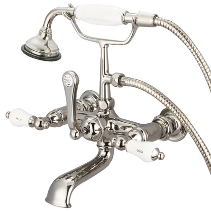 Water Creation Vintage Classic Spread Wall Mount Tub F6-0010 7" Ivory Solid Brass Faucet With Straight Wall Connector And Handheld Shower And Porcelain Lever Handles, Hot And Cold Labels Included
