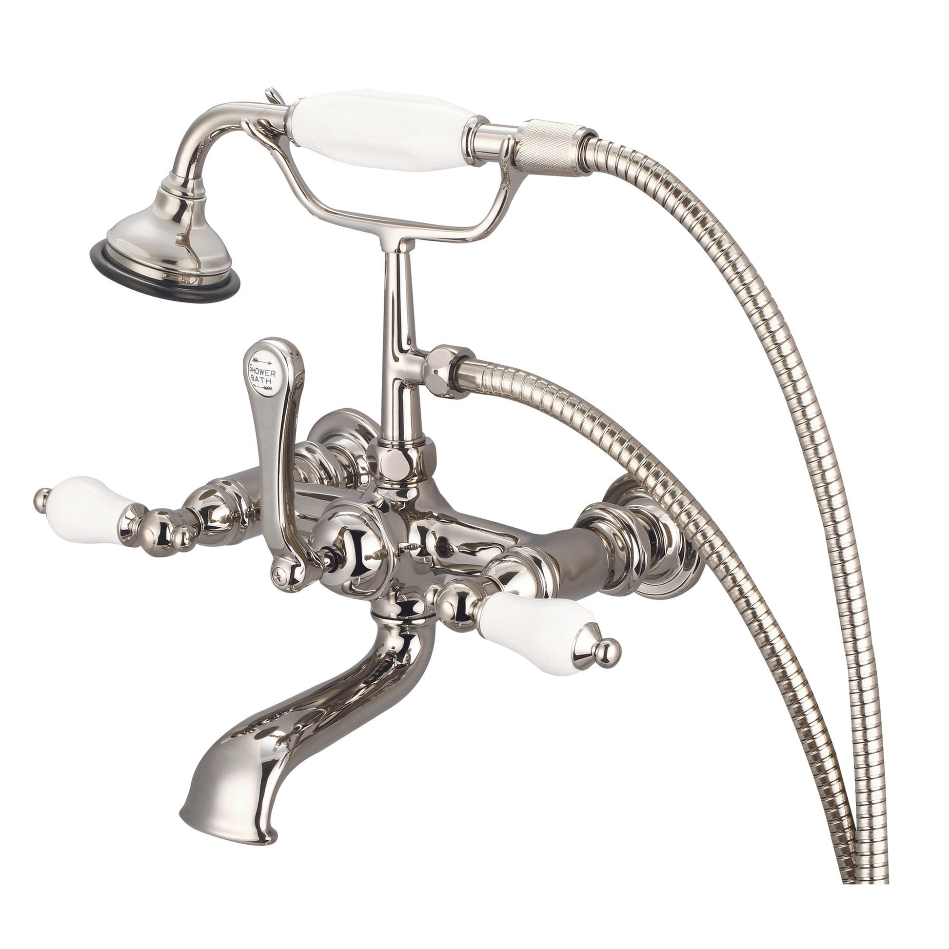 Water Creation Vintage Classic Spread Wall Mount Tub F6-0010 7" Ivory Solid Brass Faucet With Straight Wall Connector And Handheld Shower And Porcelain Lever Handles Without Labels