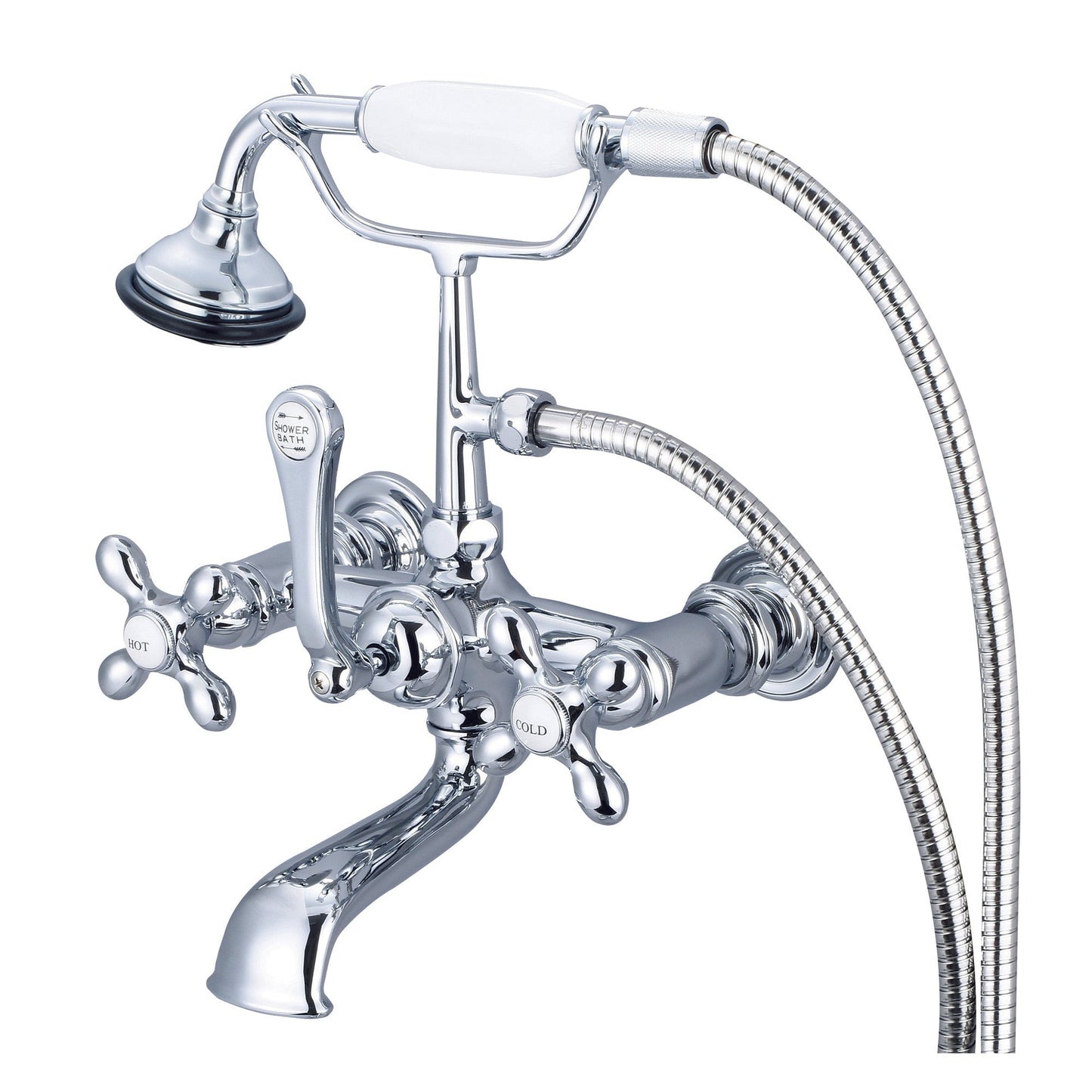 Water Creation Vintage Classic Spread Wall Mount Tub F6-0010 7" Silver Solid Brass Faucet With Straight Wall Connector And Handheld Shower And Metal Lever Handles, Hot And Cold Labels Included