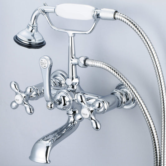 Water Creation Vintage Classic Spread Wall Mount Tub F6-0010 7" Silver Solid Brass Faucet With Straight Wall Connector And Handheld Shower And Metal Lever Handles, Hot And Cold Labels Included