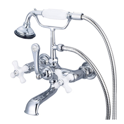 Water Creation Vintage Classic Spread Wall Mount Tub F6-0010 7" Silver Solid Brass Faucet With Straight Wall Connector And Handheld Shower And Porcelain Cross Handles, Hot And Cold Labels Included
