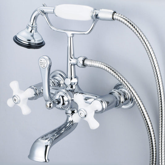 Water Creation Vintage Classic Spread Wall Mount Tub F6-0010 7" Silver Solid Brass Faucet With Straight Wall Connector And Handheld Shower And Porcelain Cross Handles, Hot And Cold Labels Included