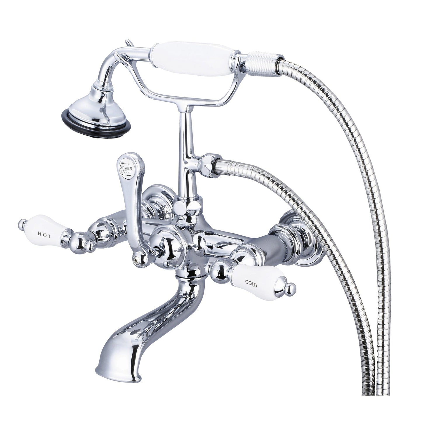 Water Creation Vintage Classic Spread Wall Mount Tub F6-0010 7" Silver Solid Brass Faucet With Straight Wall Connector And Handheld Shower And Porcelain Lever Handles, Hot And Cold Labels Included