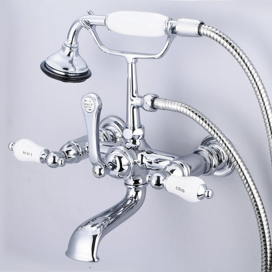 Water Creation Vintage Classic Spread Wall Mount Tub F6-0010 7" Silver Solid Brass Faucet With Straight Wall Connector And Handheld Shower And Porcelain Lever Handles, Hot And Cold Labels Included