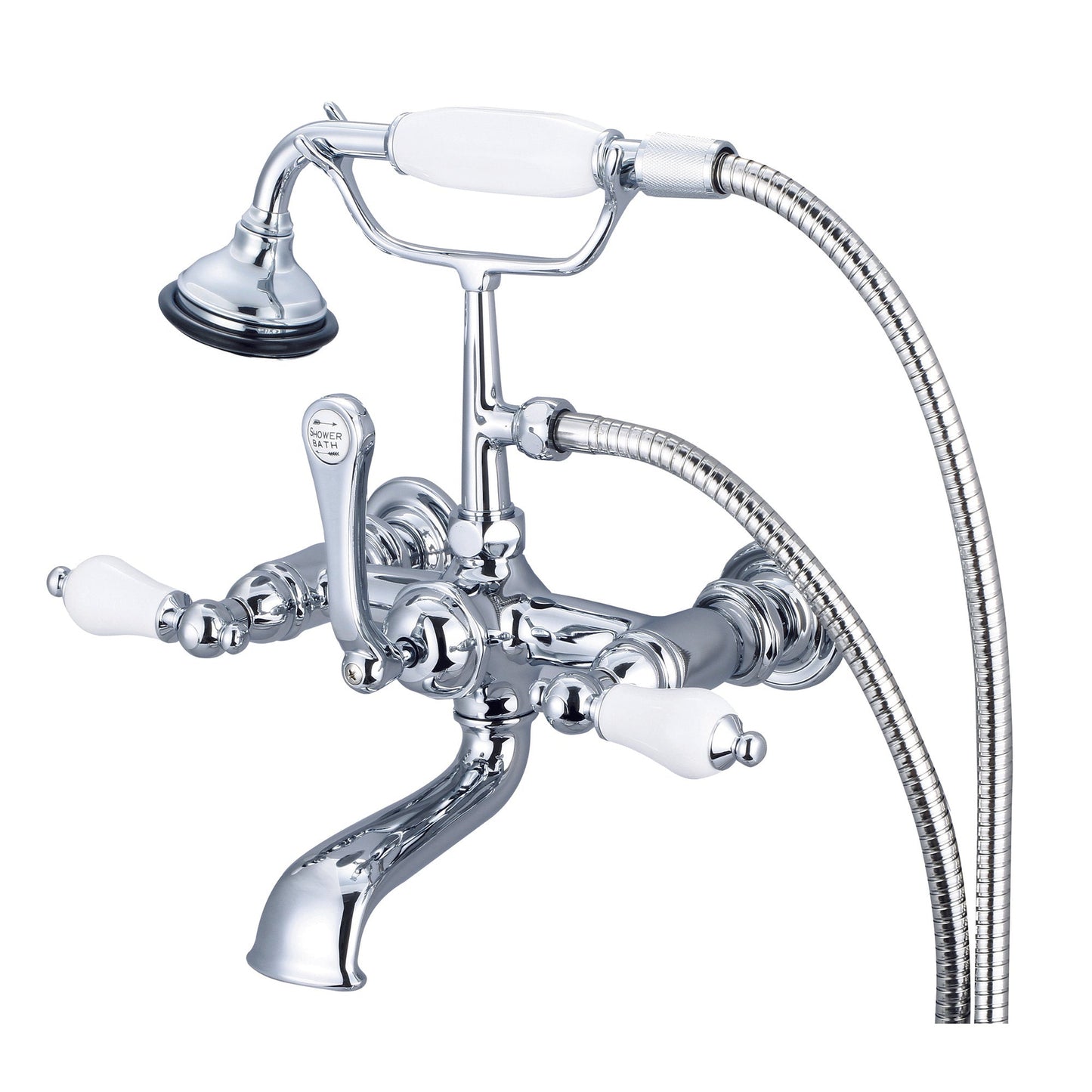 Water Creation Vintage Classic Spread Wall Mount Tub F6-0010 7" Silver Solid Brass Faucet With Straight Wall Connector And Handheld Shower And Porcelain Lever Handles Without Labels