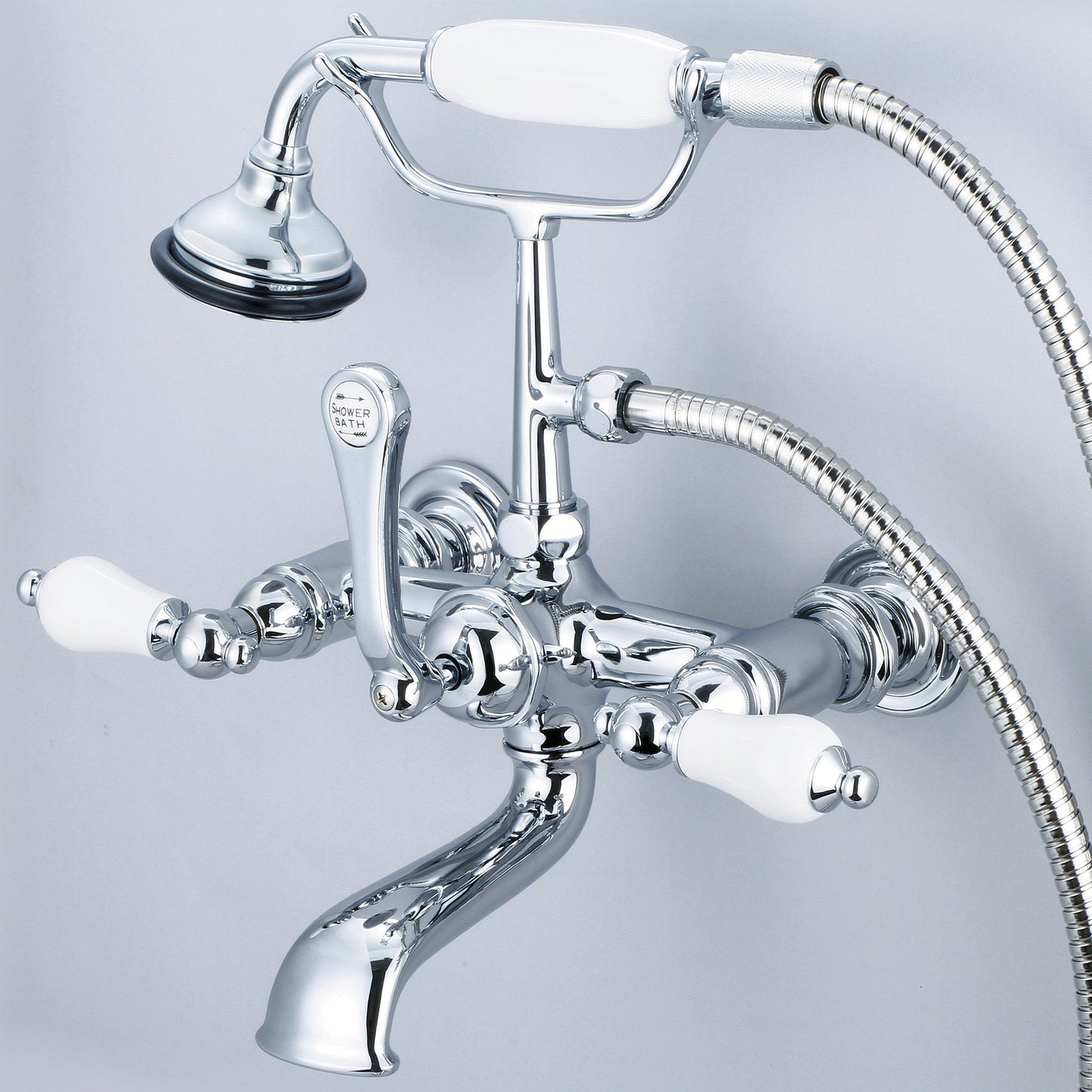 Water Creation Vintage Classic Spread Wall Mount Tub F6-0010 7" Silver Solid Brass Faucet With Straight Wall Connector And Handheld Shower And Porcelain Lever Handles Without Labels