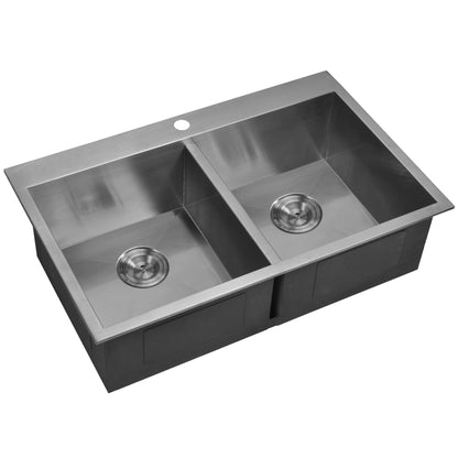 Water Creation Zero Radius 50/50 Double Bowl Stainless Steel Hand Made Drop In 33 Inch X 22 Inch Sink With Drains, Strainers, And Bottom Grids