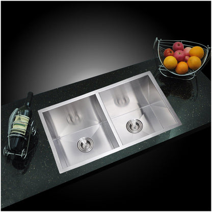 Water Creation Zero Radius 50/50 Double Bowl Stainless Steel Hand Made Undermount 31 Inch X 18 Inch Sink With Drains, Strainers, And Bottom Grids