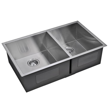 Water Creation Zero Radius 60/40 Double Bowl Stainless Steel Hand Made Undermount 33 Inch X 20 Inch Sink With Drains And Strainers