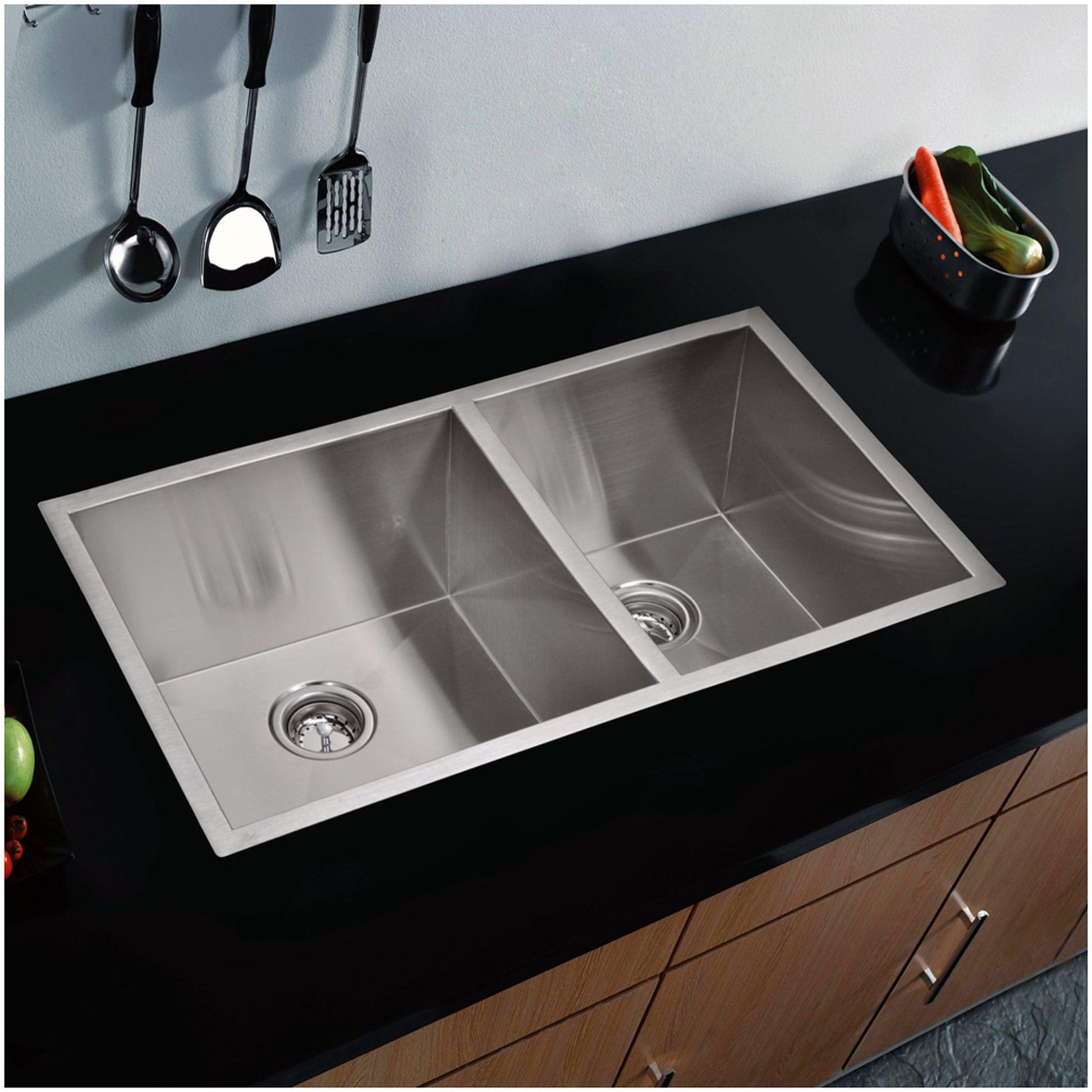 Water Creation Zero Radius 60/40 Double Bowl Stainless Steel Hand Made Undermount 33 Inch X 20 Inch Sink With Drains, Strainers, And Bottom Grids
