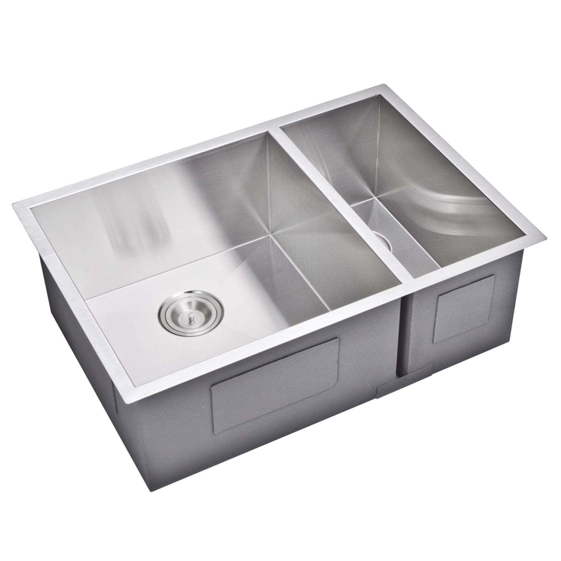 Water Creation Zero Radius 70/30 Double Bowl Stainless Steel Hand Made Undermount 29 Inch X 20 Inch Sink With Drains, Strainers, And Bottom Grids