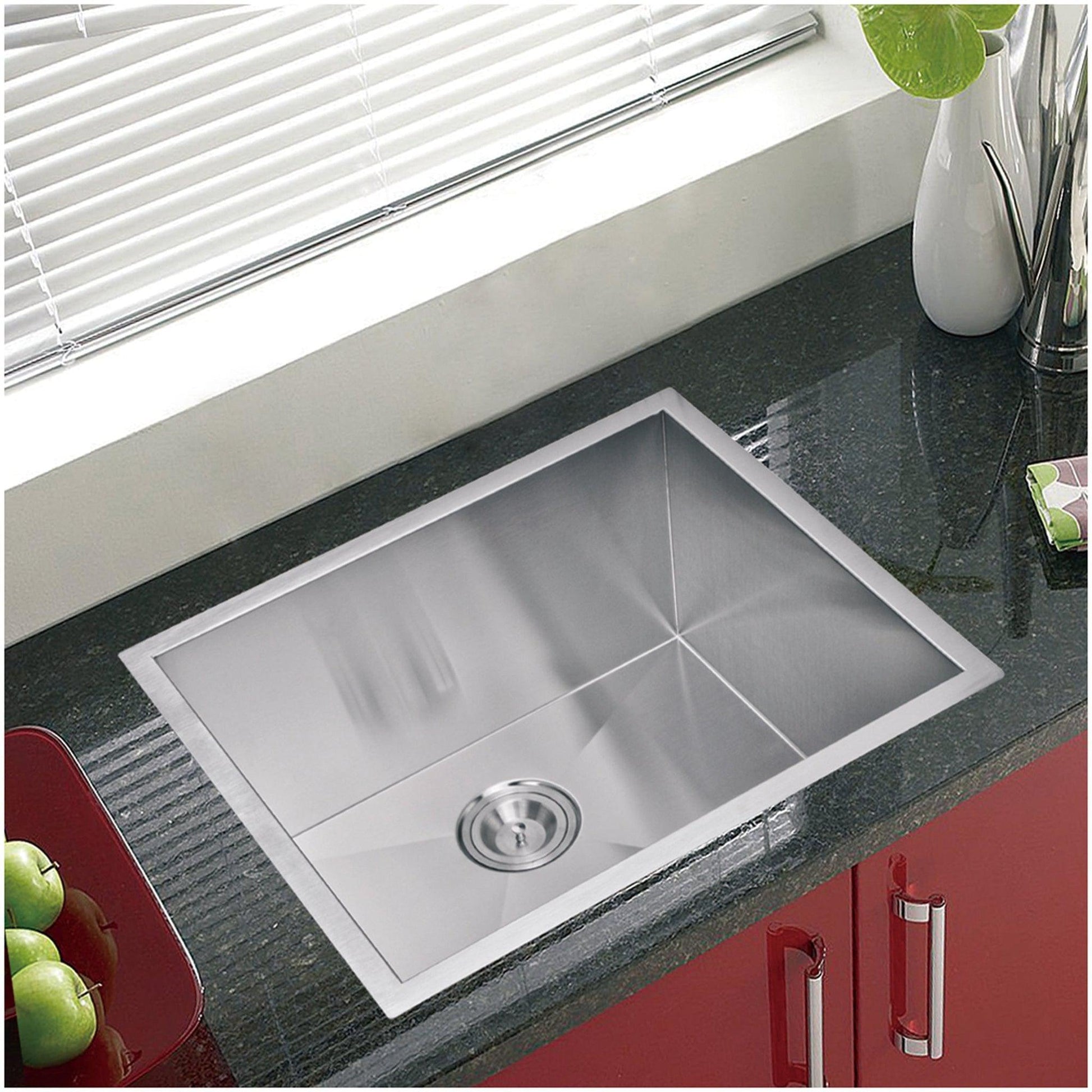 Water Creation Zero Radius Single Bowl Stainless Steel Hand Made Undermount 23 Inch X 20 Inch Sink With Drain, Strainer, And Bottom Grid