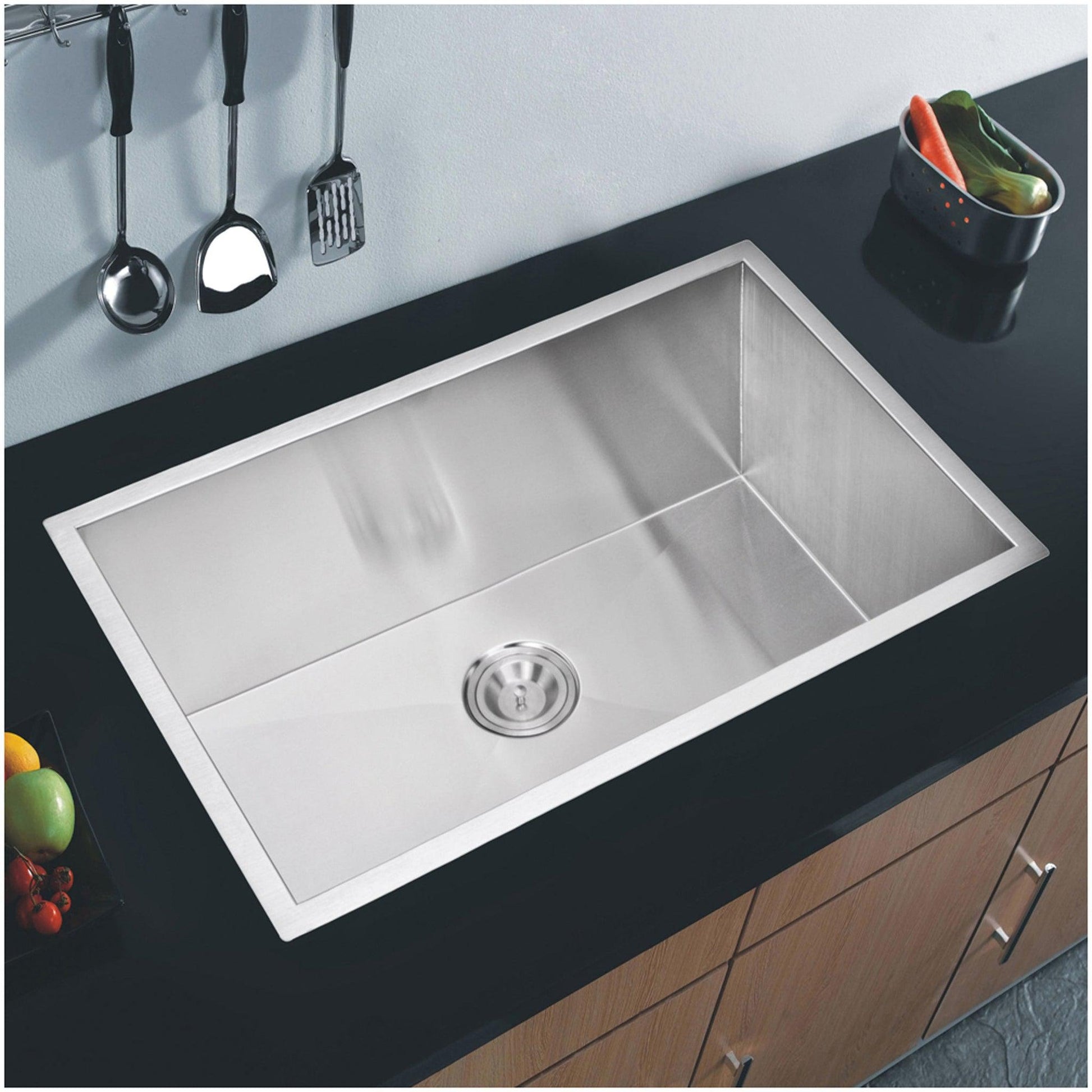 Water Creation Zero Radius Single Bowl Stainless Steel Hand Made Undermount 32 Inch X 19 Inch Sink With Drain, Strainer, And Bottom Grid