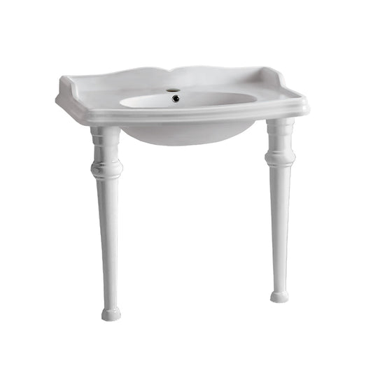 Whitehaus Isabella 40" White Vitreous China 3 Hole Rectangular Console Sink With Integrated Oval Bowl, Backsplash and Ceramic Leg Support