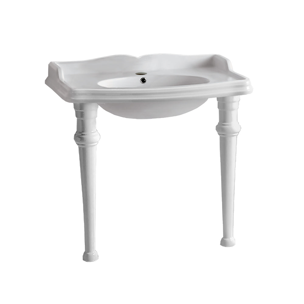 Whitehaus Isabella 40" White Vitreous China Single Hole Rectangular Console Sink With Integrated Oval Bowl, Backsplash and Ceramic Leg Support