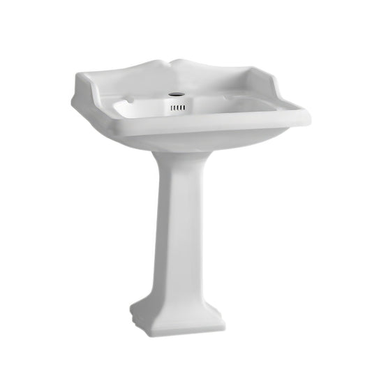 Whitehaus Isabella White Vitreous China Single Hole Traditional Pedestal With Integrated Large Rectangular Bowl, Single Hole Faucet Drilling, Backsplash, Dual Soap Ledges, Decorative Trim and Overflow
