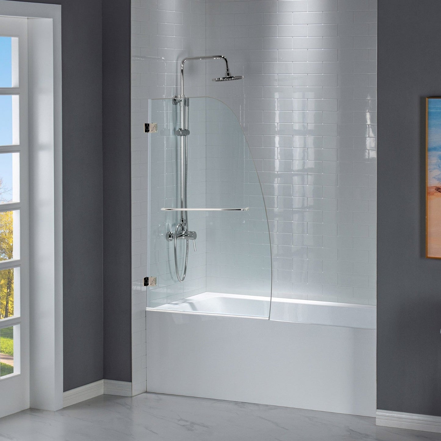 WoodBridge 35" W x 58" H Clear Tempered Glass Frameless Hinged Shower Tub Door With Brushed Nickel Towel Bar and Hardware