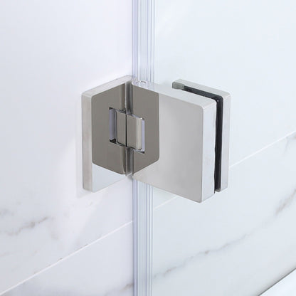 WoodBridge 35" W x 58" H Clear Tempered Glass Frameless Hinged Shower Tub Door With Brushed Nickel Towel Bar and Hardware