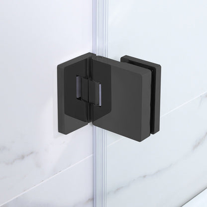 WoodBridge 35" W x 58" H Clear Tempered Glass Frameless Hinged Shower Tub Door With Matte Black Towel Bar and Hardware