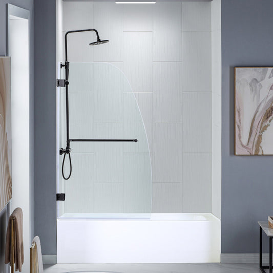 WoodBridge 35" W x 58" H Clear Tempered Glass Frameless Hinged Shower Tub Door With Matte Black Towel Bar and Hardware