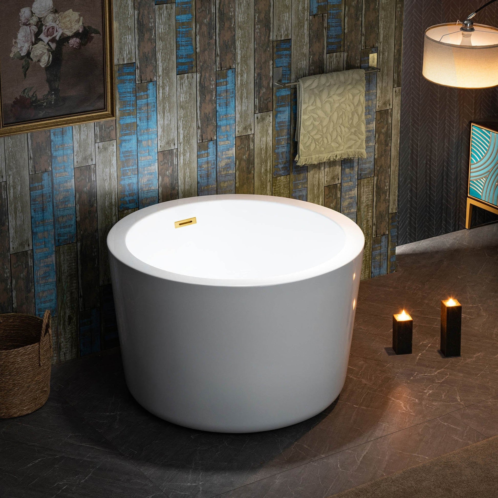 WoodBridge 41" White Acrylic Freestanding Round Contemporary Soaking Tub With Pre-molded Seat, Brushed Gold Pop-up Drain, Overflow, F-0003-BG Tub Filler and Caddy Tray