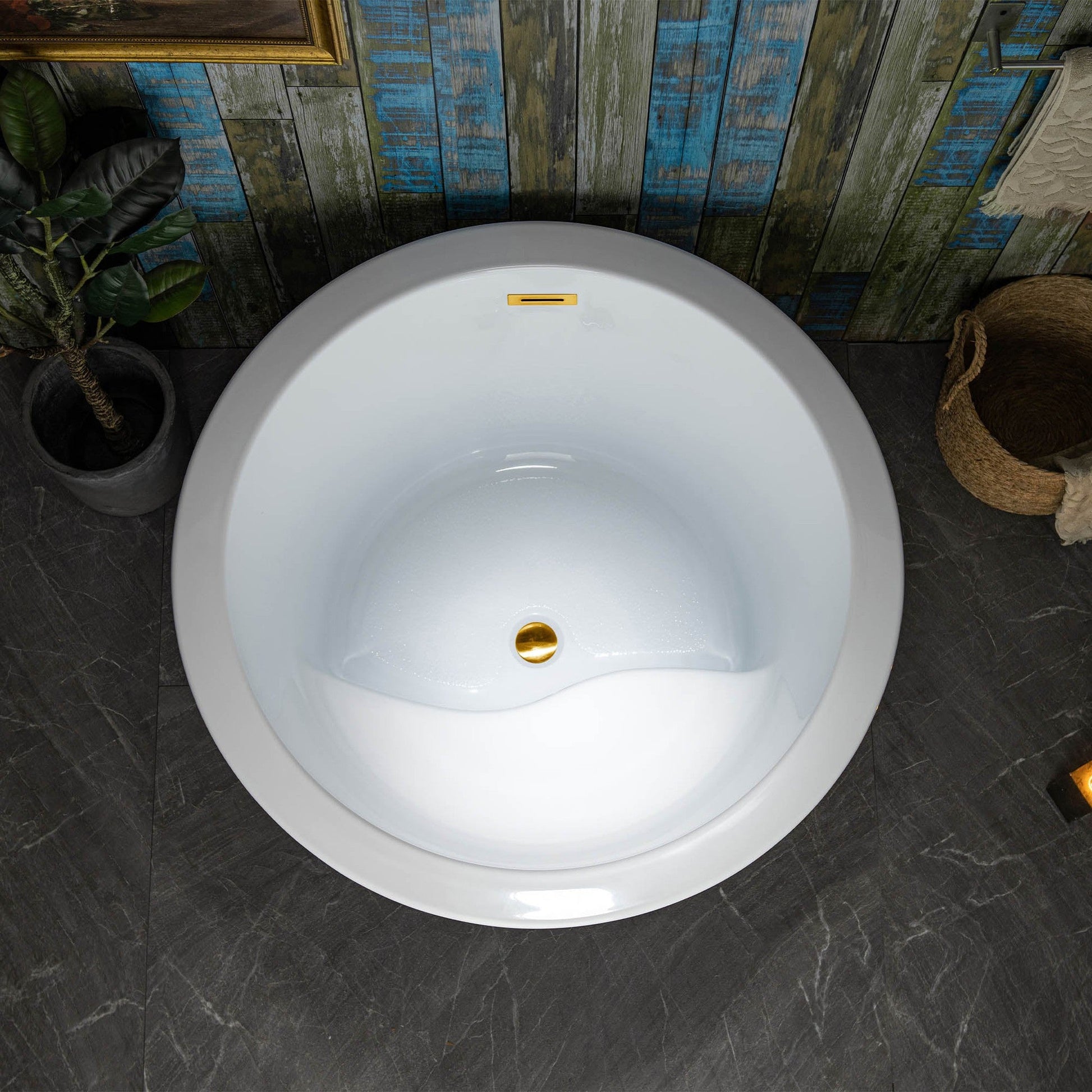 WoodBridge 41" White Acrylic Freestanding Round Contemporary Soaking Tub With Pre-molded Seat and Brushed Gold Pop-up Drain and Overflow