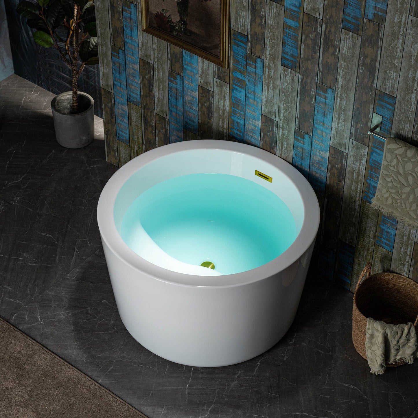 WoodBridge 41" White Acrylic Freestanding Round Contemporary Soaking Tub With Pre-molded Seat and Brushed Gold Pop-up Drain and Overflow