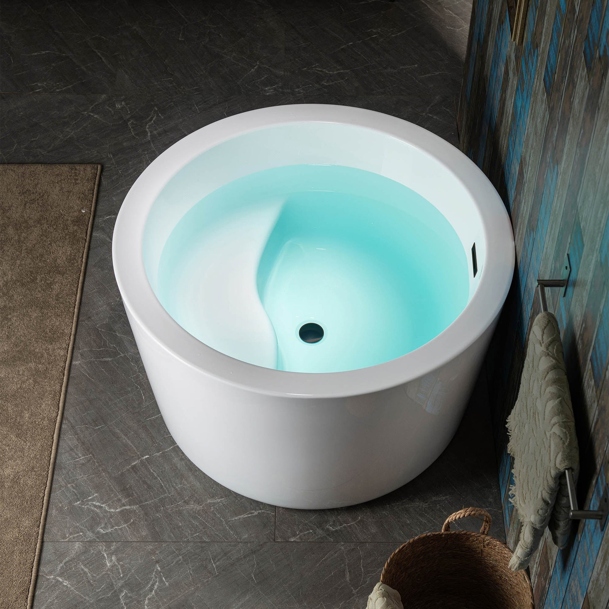 WoodBridge 41" White Acrylic Freestanding Round Contemporary Soaking Tub With Pre-molded Seat and Oil Rubbed Bronze Pop-up Drain and Overflow