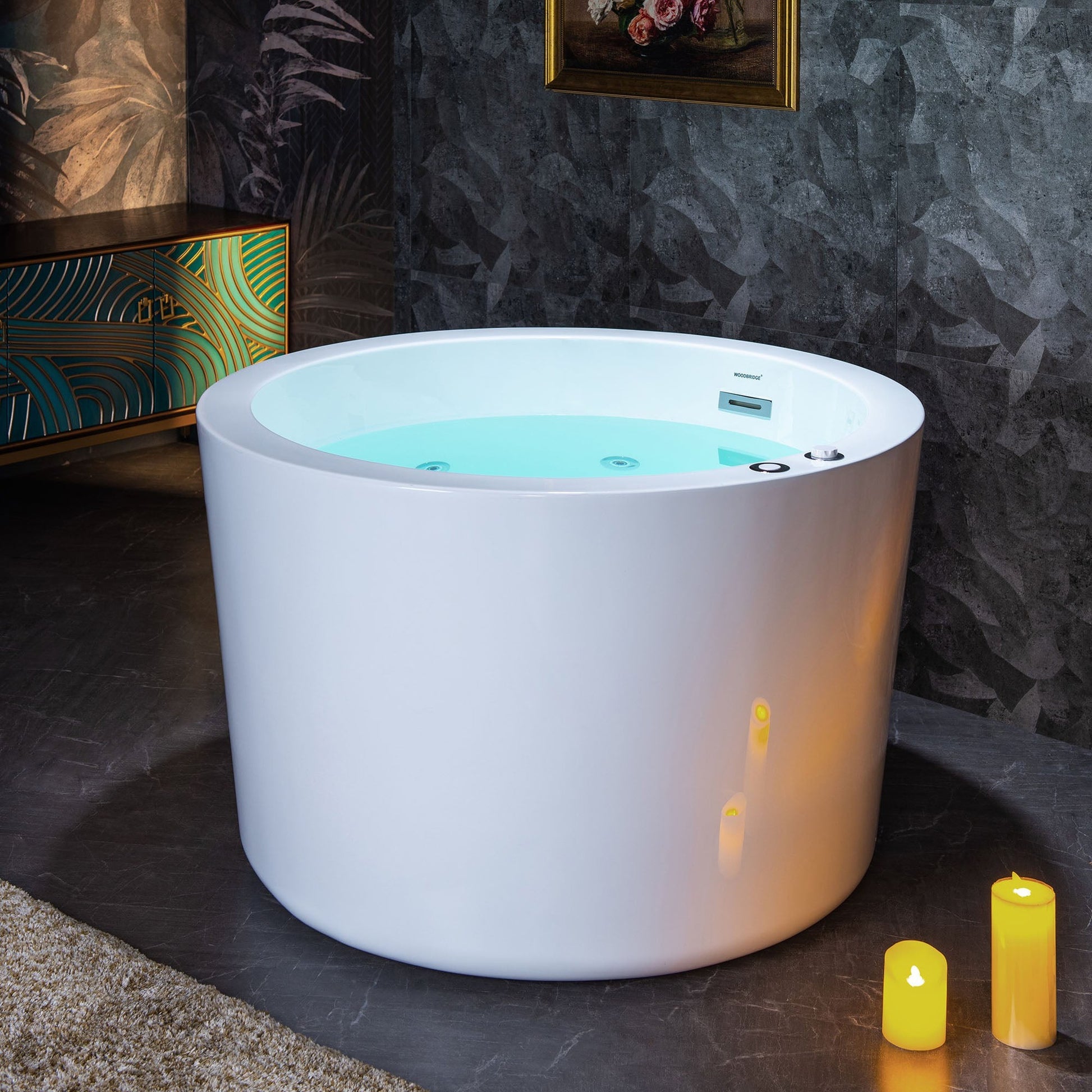 WoodBridge 41" White Acrylic Round Freestanding Whirlpool Heated Jetted Tub With Pre-molded Seat, Chrome Pop-Up Drain and Overflow