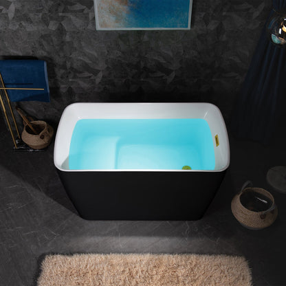 WoodBridge 48" Black Acrylic Freestanding Contemporary Soaking Tub With Pre-molded Seat, Brushed Gold Pop-up Drain, Overflow, F-0008 Tub Filler and Bathtub Caddy Tray