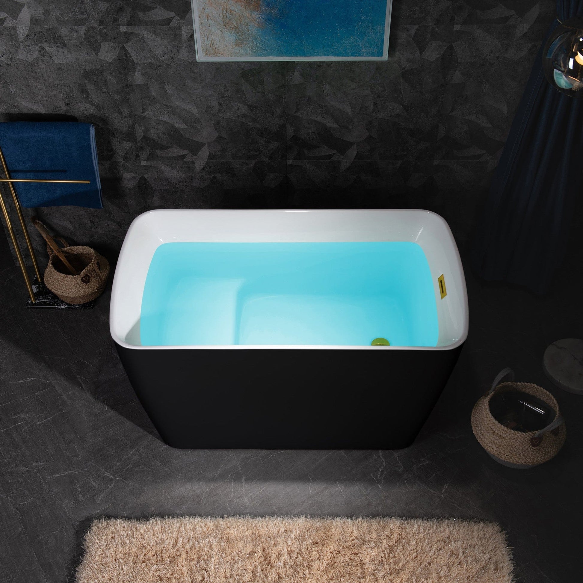 WoodBridge 48" Black Acrylic Freestanding Contemporary Soaking Tub With Pre-molded Seat, Brushed Gold Pop-up Drain, Overflow, Tub Filler and Bathtub Caddy Tray