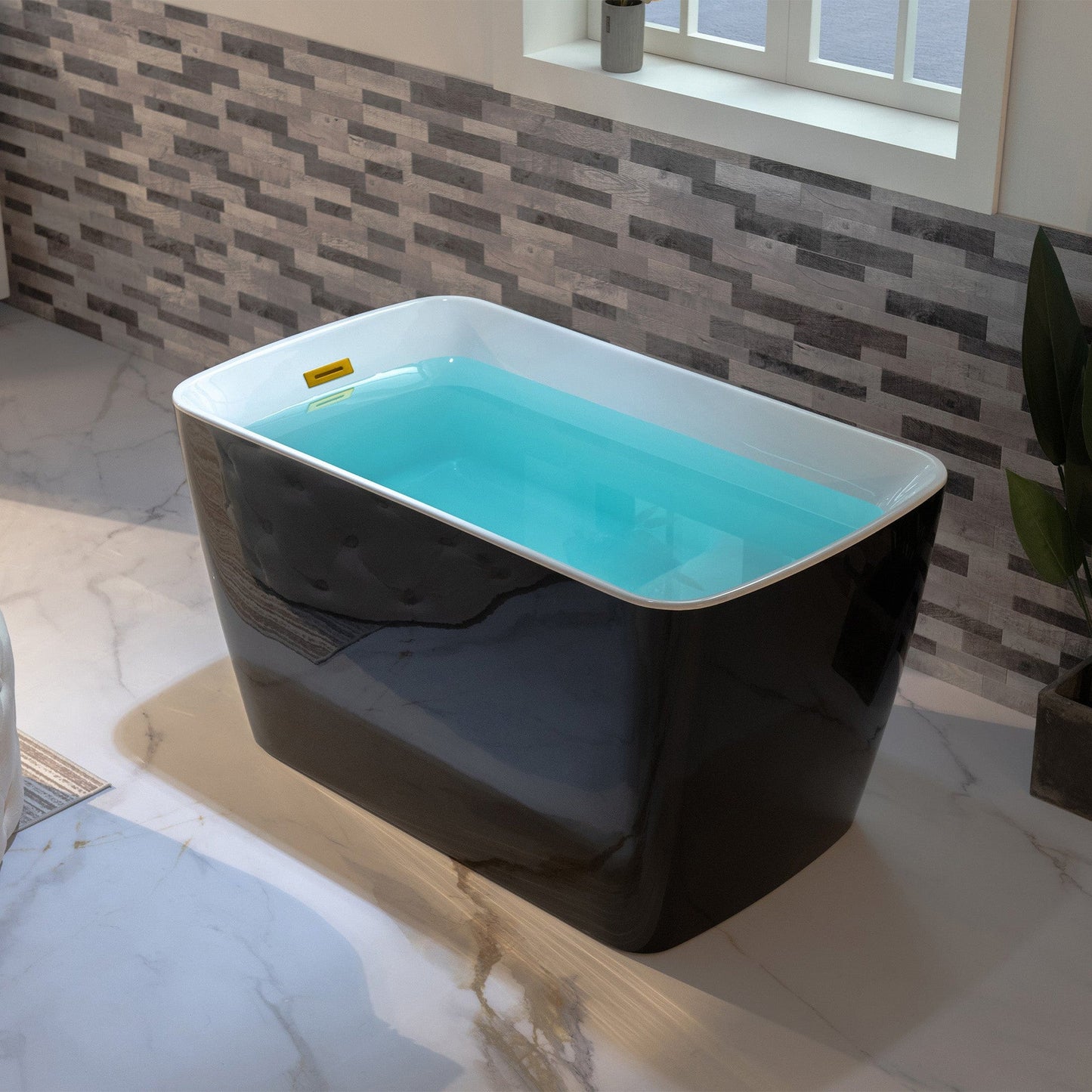 WoodBridge 48" Black Acrylic Freestanding Square Contemporary Soaking Tub With Pre-molded Seat, Brushed Gold Pop-up Drain, Overflow, F-0007BGRD Tub Filler and Caddy Tray