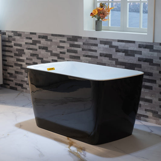 WoodBridge 48" Black Acrylic Freestanding Square Contemporary Soaking Tub With Pre-molded Seat, Brushed Gold Pop-up Drain, Overflow, F-0007BGRD Tub Filler and Caddy Tray