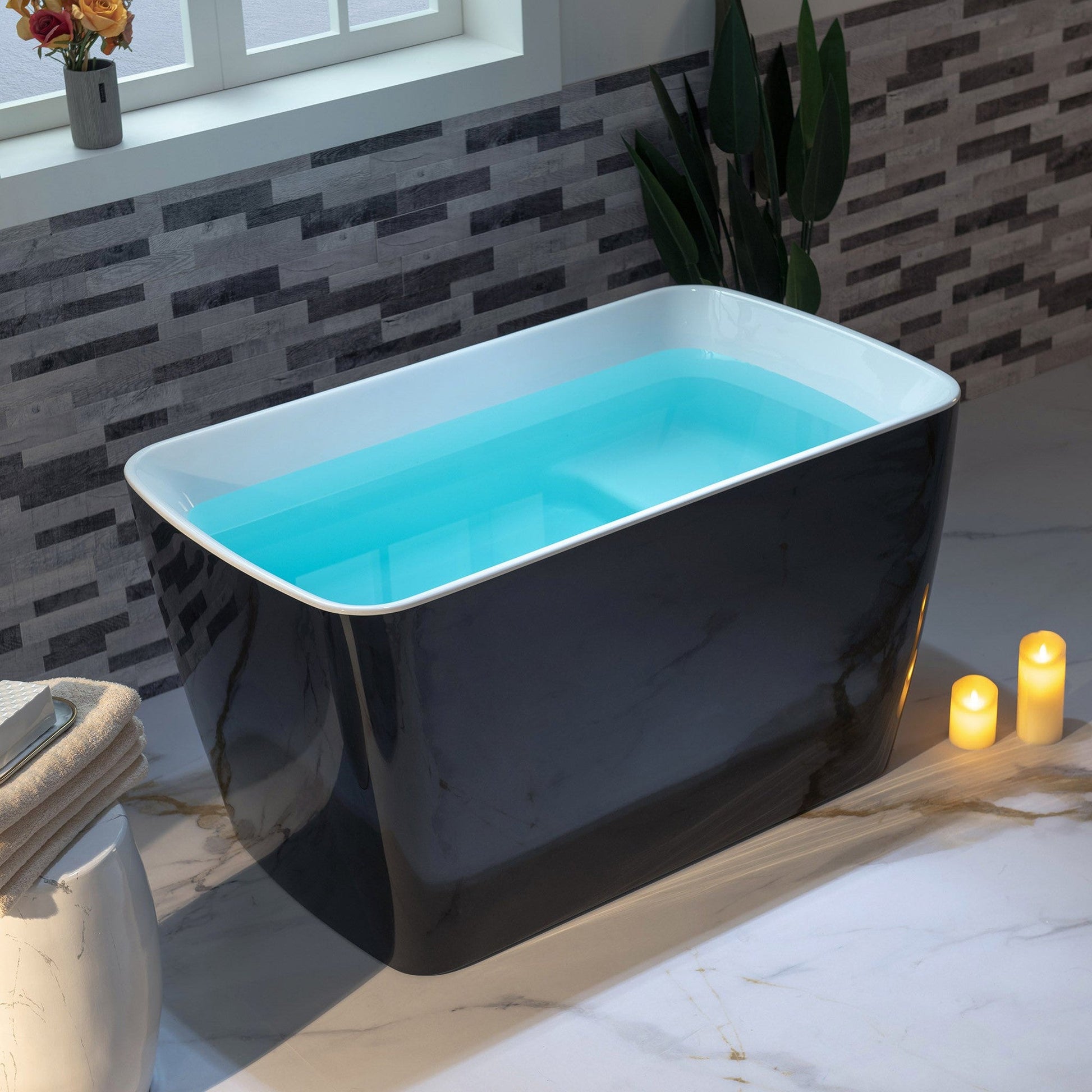 WoodBridge 48" Black Acrylic Freestanding Square Contemporary Soaking Tub With Pre-molded Seat, Brushed Gold Pop-up Drain, Overflow, F-0007BGVT Tub Filler and Caddy Tray