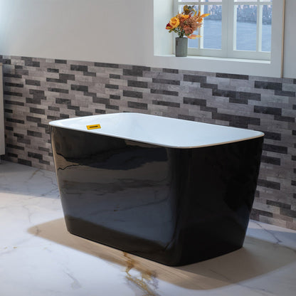 WoodBridge 48" Black Acrylic Freestanding Square Contemporary Soaking Tub With Pre-molded Seat, Brushed Gold Pop-up Drain, Overflow, F0026BGRD Tub Filler and Caddy Tray