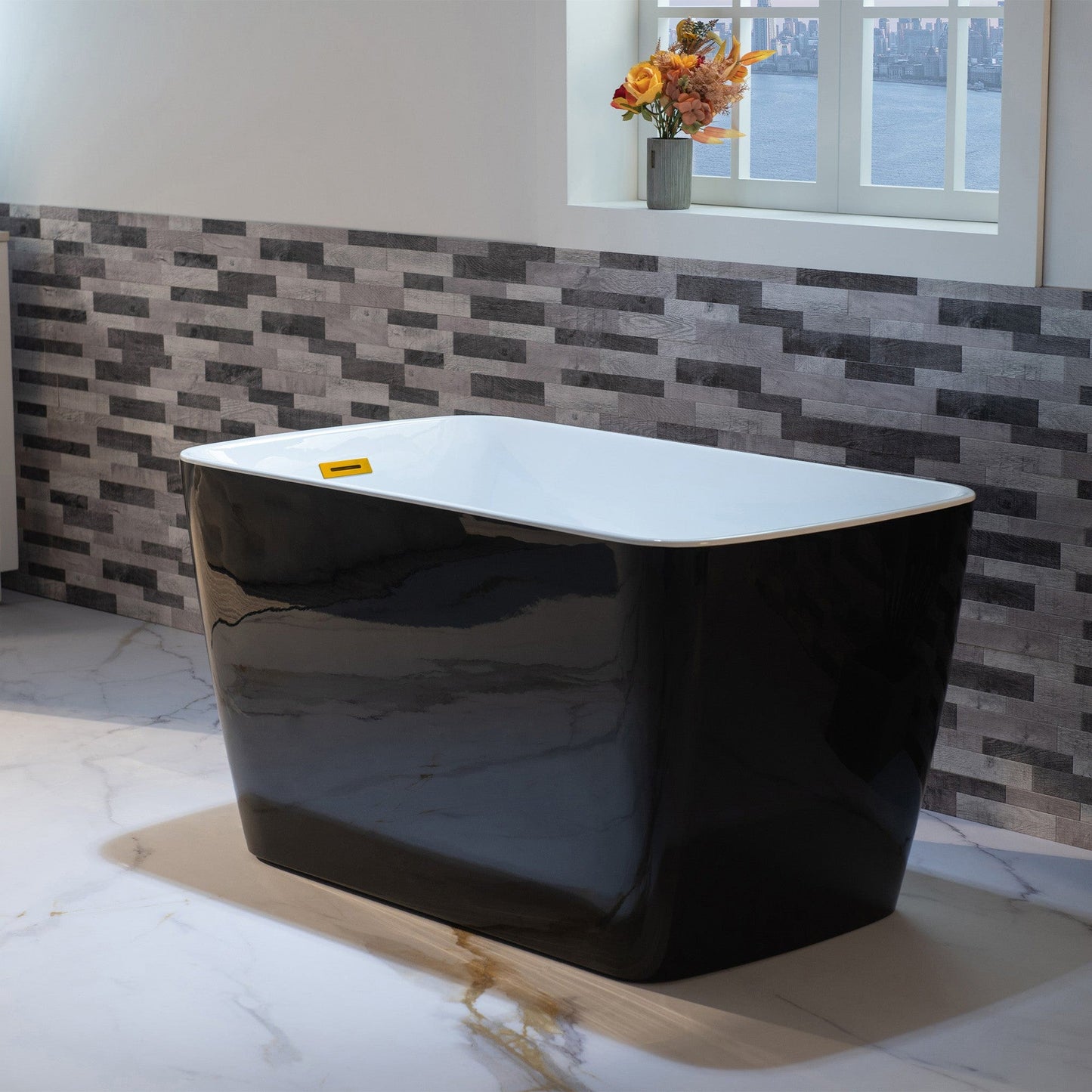 WoodBridge 48" Black Acrylic Freestanding Square Contemporary Soaking Tub With Pre-molded Seat, Brushed Gold Pop-up Drain, Overflow, F0073BGDR Tub Filler and Caddy Tray