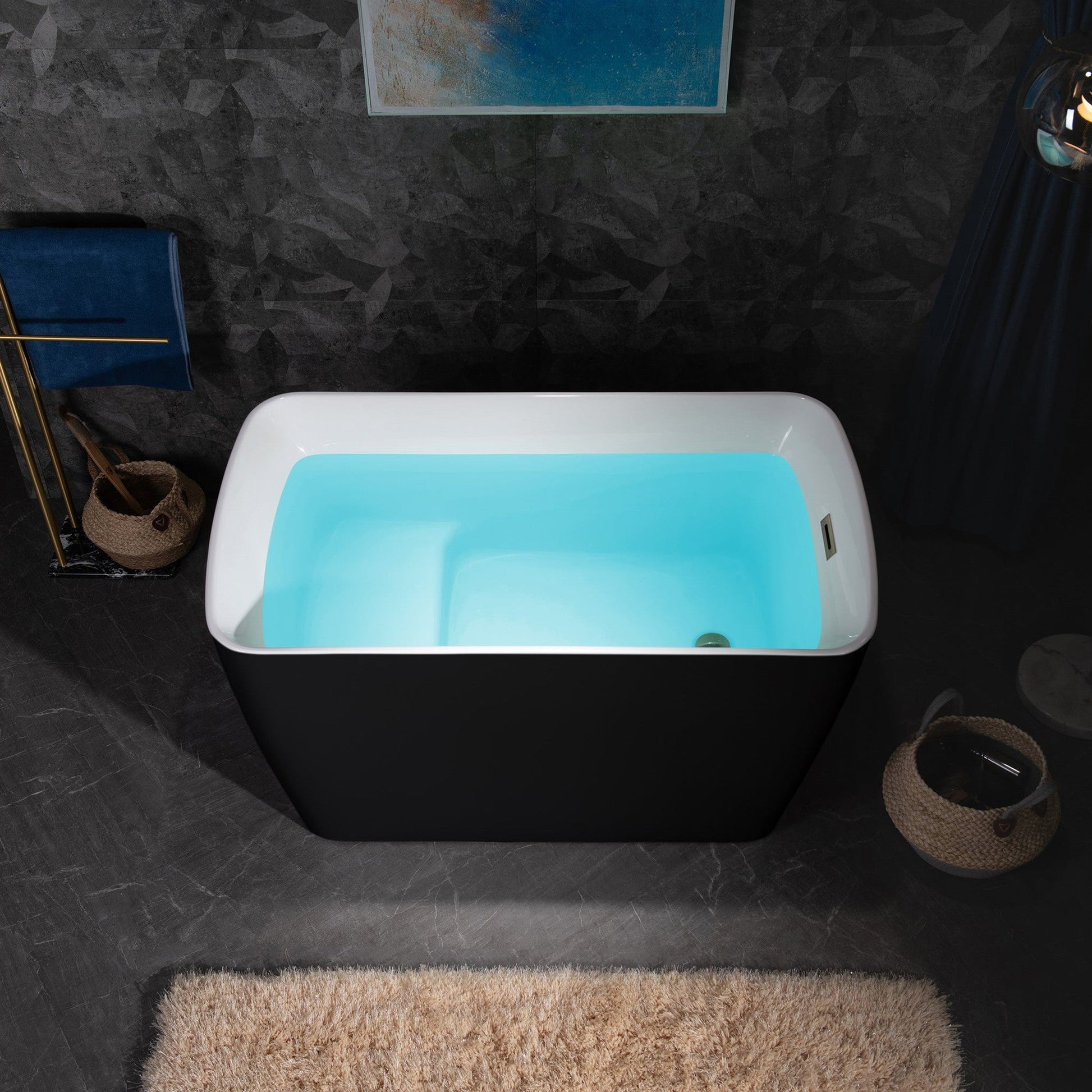 WoodBridge 48" Black Acrylic Freestanding Square Contemporary Soaking Tub With Pre-molded Seat, Brushed Nickel Pop-up Drain, Overflow, F-0003 Tub Filler and Bathtub Caddy Tray