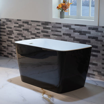 WoodBridge 48" Black Acrylic Freestanding Square Contemporary Soaking Tub With Pre-molded Seat, Brushed Nickel Pop-up Drain, Overflow, F-0014 Tub Filler and Caddy Tray