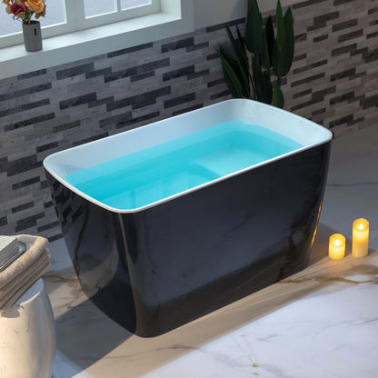 WoodBridge 48" Black Acrylic Freestanding Square Contemporary Soaking Tub With Pre-molded Seat, Chrome Pop-up Drain, Overflow, F0002CHSQ Tub Filler and Caddy Tray