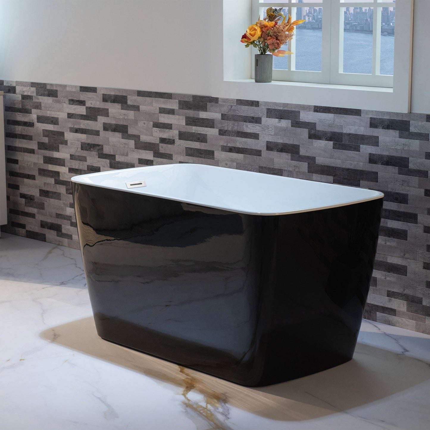 WoodBridge 48" Black Acrylic Freestanding Square Contemporary Soaking Tub With Pre-molded Seat, Chrome Pop-up Drain, Overflow, F0002CHSQ Tub Filler and Caddy Tray