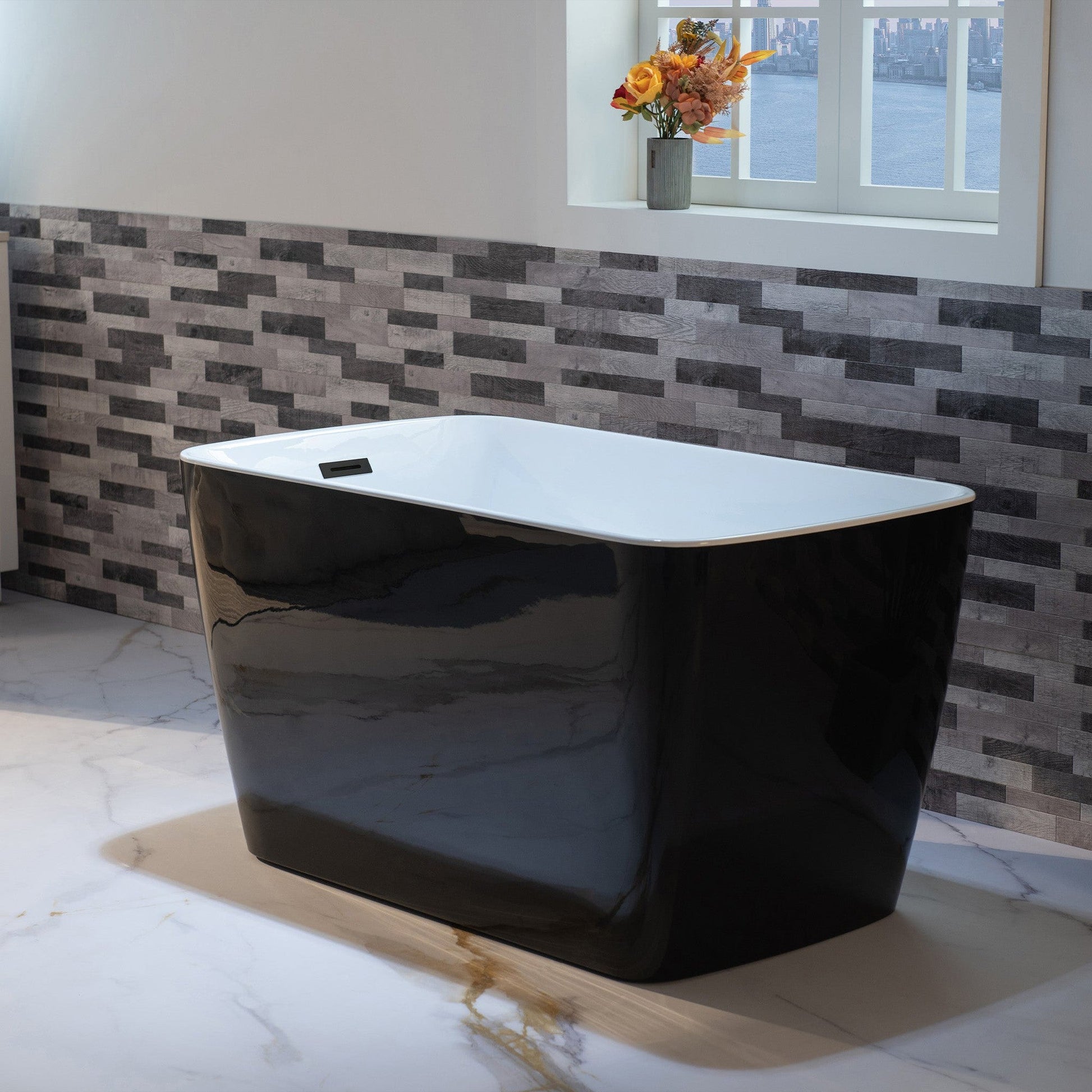 WoodBridge 48" Black Acrylic Freestanding Square Contemporary Soaking Tub With Pre-molded Seat, Matte Black Pop-up Drain, Overflow, F-0020MB Tub Filler and Caddy Tray