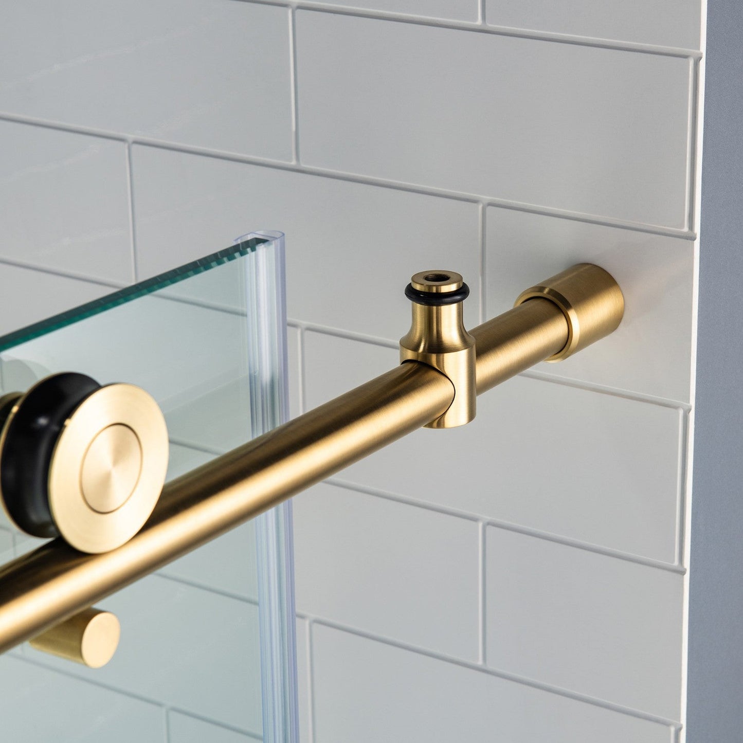 WoodBridge 48" W x 76" H Clear Tempered Glass Frameless Shower Door With Brushed Gold Hardware Finish