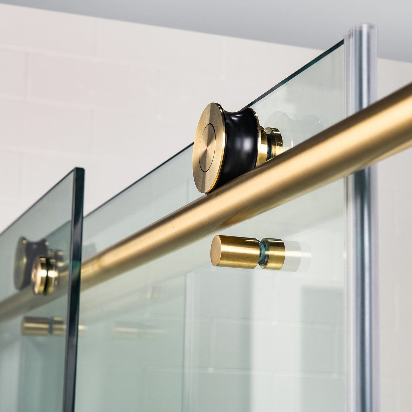 WoodBridge 48" W x 76" H Clear Tempered Glass Frameless Shower Door With Brushed Gold Hardware Finish