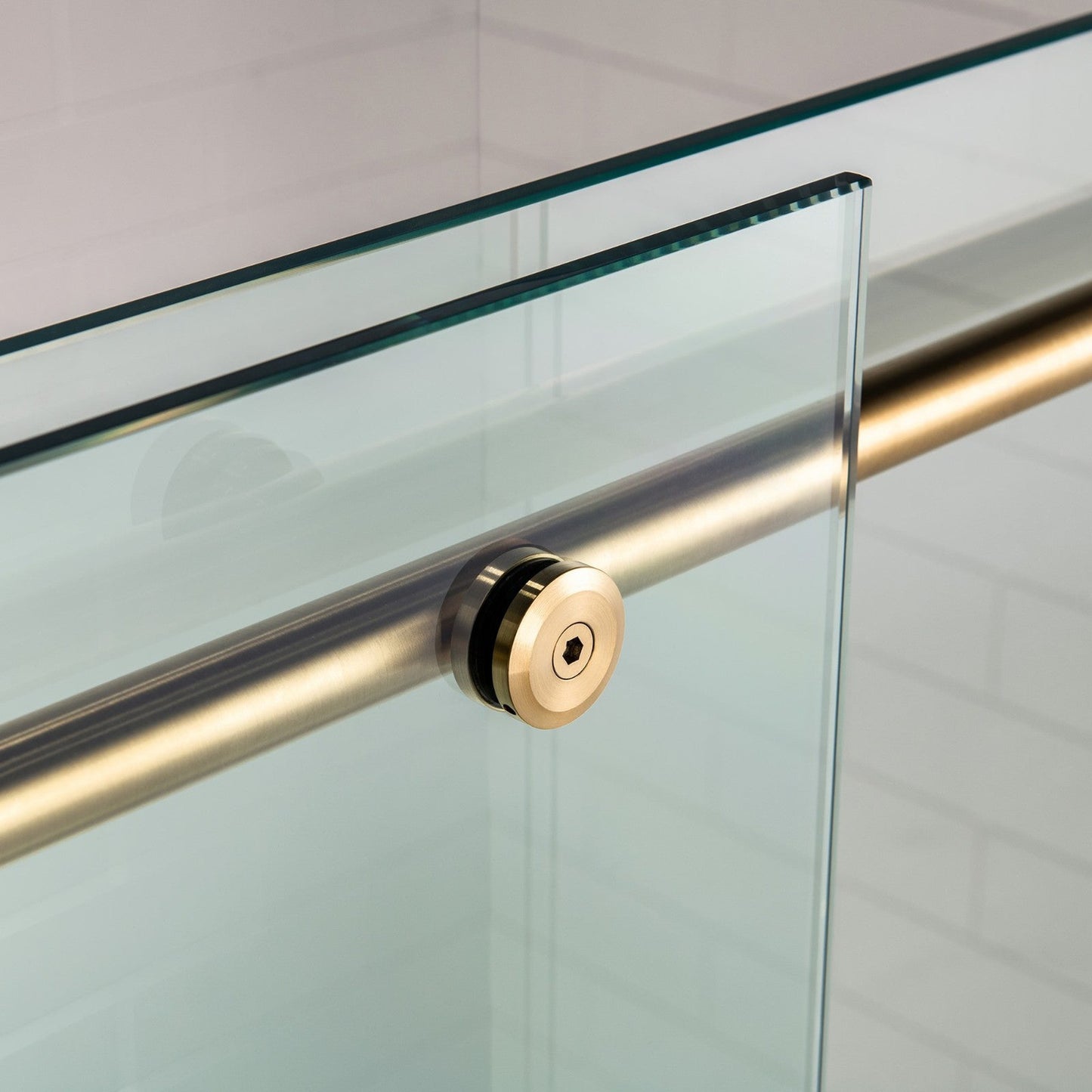 WoodBridge 48" W x 76" H Clear Tempered Glass Frameless Shower Door With Brushed Gold Hardware Finish