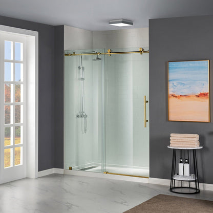 WoodBridge 48" W x 76" H Clear Tempered Glass Frameless Shower Door With Brushed Gold Hardware Finish