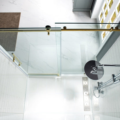 WoodBridge 48" W x 76" H Clear Tempered Glass Frameless Shower Door With Brushed Gold Hardware Finish