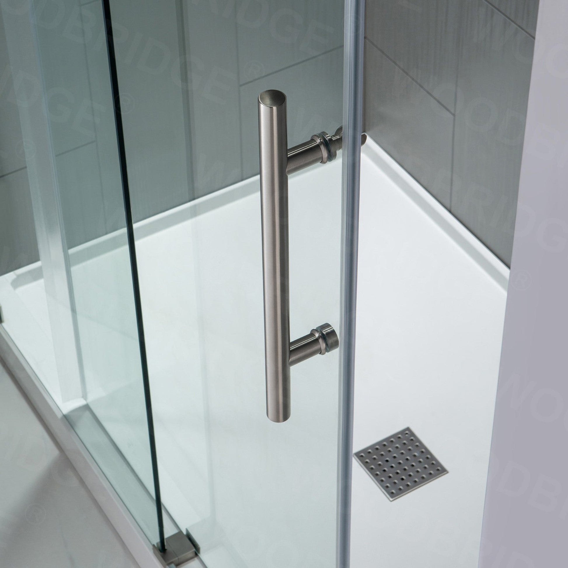 WoodBridge 48" W x 76" H Clear Tempered Glass Frameless Shower Door With Brushed Nickel Hardware Finish