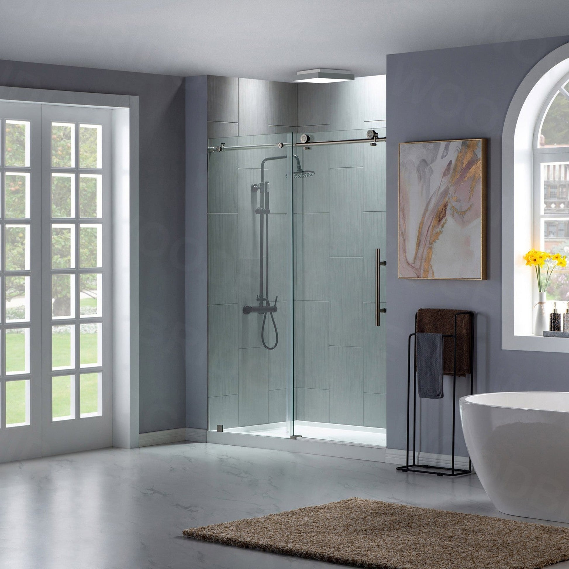 WoodBridge 48" W x 76" H Clear Tempered Glass Frameless Shower Door With Brushed Nickel Hardware Finish