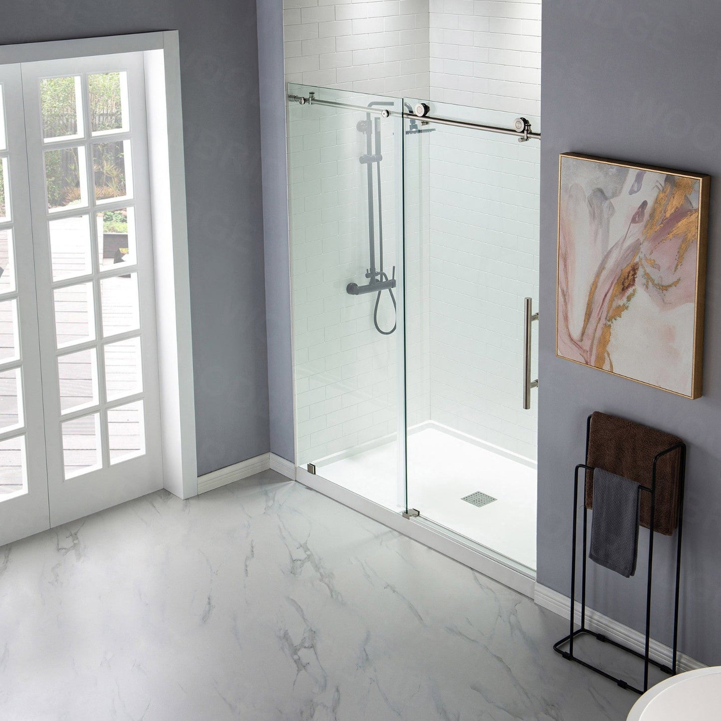 WoodBridge 48" W x 76" H Clear Tempered Glass Frameless Shower Door With Brushed Nickel Hardware Finish